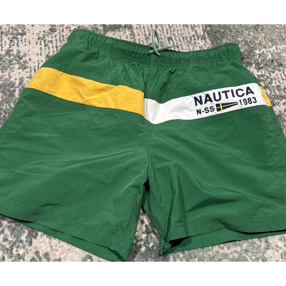 Vintage Nautica N-SS 1983 Swim Trunks Green Colorblock Shorts Men's Size M